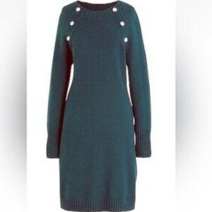 J Crew emerald green sweater dress rhinestone button accent, size L, EUC